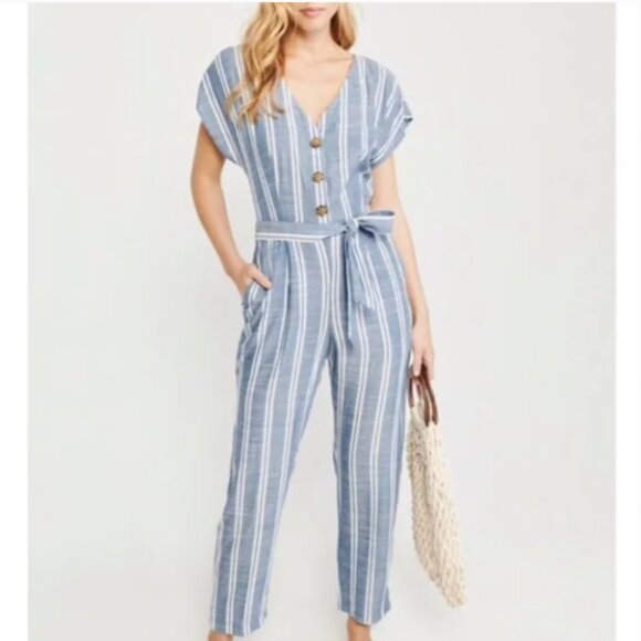 Striped Abercrombie and Fitch Jumpsuit A&F ANF Blue Striped Jumpsuit Medium - Picture 2 of 13